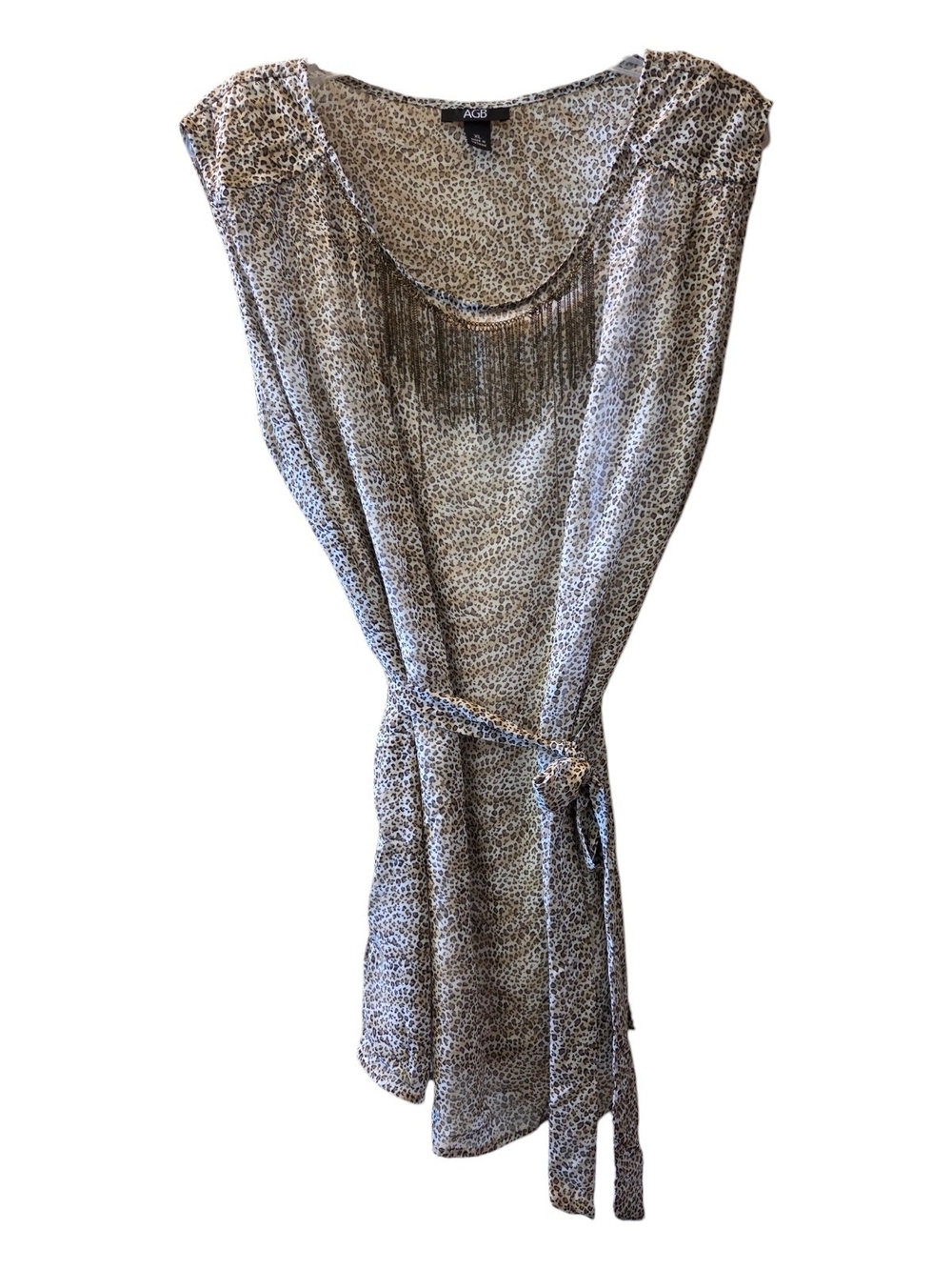 AGB Semi-Sheer Leopard Print Boho Sleeveless Tunic w/ Metallic Fringe - Sz XL